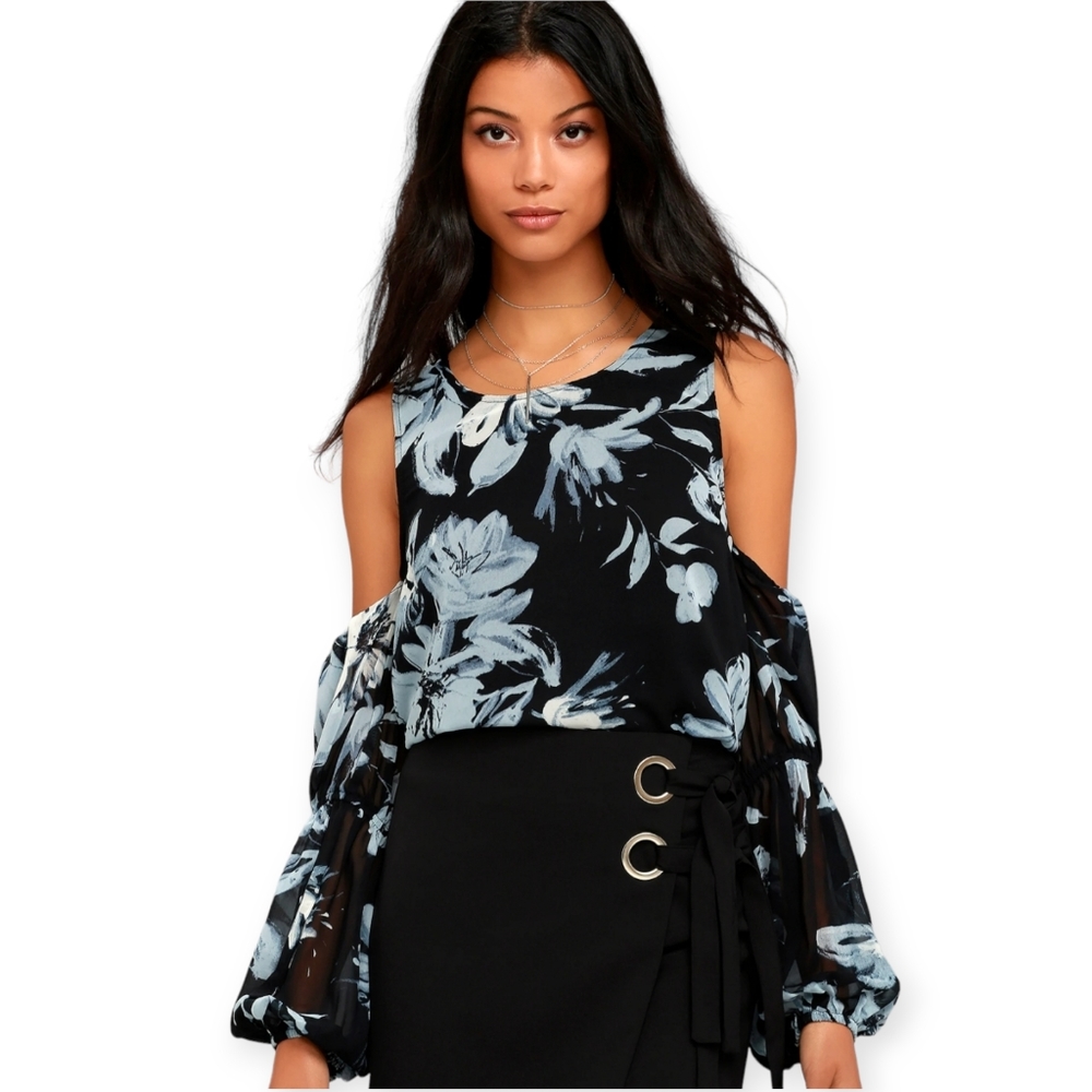 Lulu's Chiffon Floral Printed Cold Shoulder Blouse Top